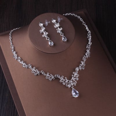 Seturi de bijuterii de mireasa cu picături de apă de cristal de culoare argintie de lux Tiare cu strasuri Coroana colier Cercei Nunta Set de bijuterii Dubai