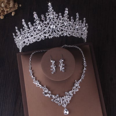 Seturi de bijuterii de mireasa cu picături de apă de cristal de culoare argintie de lux Tiare cu strasuri Coroana colier Cercei Nunta Set de bijuterii Dubai