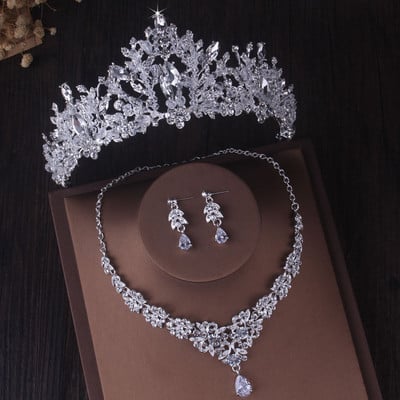 Seturi de bijuterii de mireasa cu picături de apă de cristal de culoare argintie de lux Tiare cu strasuri Coroana colier Cercei Nunta Set de bijuterii Dubai