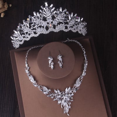 Seturi de bijuterii de mireasa cu picături de apă de cristal de culoare argintie de lux Tiare cu strasuri Coroana colier Cercei Nunta Set de bijuterii Dubai