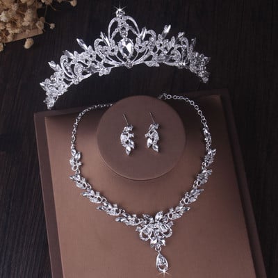 Seturi de bijuterii de mireasa cu picături de apă de cristal de culoare argintie de lux Tiare cu strasuri Coroana colier Cercei Nunta Set de bijuterii Dubai