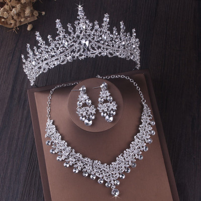 Seturi de bijuterii de mireasa cu picături de apă de cristal de culoare argintie de lux Tiare cu strasuri Coroana colier Cercei Nunta Set de bijuterii Dubai
