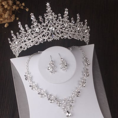 Seturi de bijuterii de mireasa cu picături de apă de cristal de culoare argintie de lux Tiare cu strasuri Coroana colier Cercei Nunta Set de bijuterii Dubai