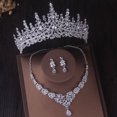 Seturi de bijuterii de mireasa cu picături de apă de cristal de culoare argintie de lux Tiare cu strasuri Coroana colier Cercei Nunta Set de bijuterii Dubai