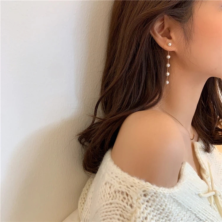 Trend Simulation Pearl Long Earrings Female Moon Star Flower Rhinestone Γαμήλια κρεμαστά σκουλαρίκια Μόδα Κορεατικά κοσμήματα σκουλαρίκια