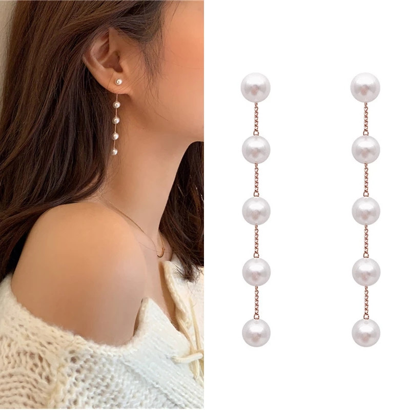 Trend Simulation Pearl Long Earrings Female Moon Star Flower Rhinestone Γαμήλια κρεμαστά σκουλαρίκια Μόδα Κορεατικά κοσμήματα σκουλαρίκια