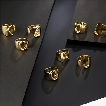 Куха буква AZ Златен цвят Метален регулируем отварящ се пръстен Инициали Име Азбука Женско парти Дебели широки Модерни бижута