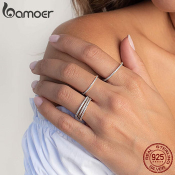 BAMOER 925 ασήμι 925 CZ Simulated Diamond Stackable Δαχτυλίδι Επιπλατινωμένο Eternity Bands για γυναίκες