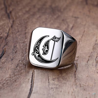 Inel cu sigiliu cu inițiale retro Vnox pentru bărbați, 18 mm, ștampilă grea, bandă masculină, litere din oțel inoxidabil, bijuterii personalizate, cadou pentru el