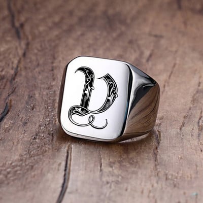 Inel cu sigiliu cu inițiale retro Vnox pentru bărbați, 18 mm, ștampilă grea, bandă masculină, litere din oțel inoxidabil, bijuterii personalizate, cadou pentru el