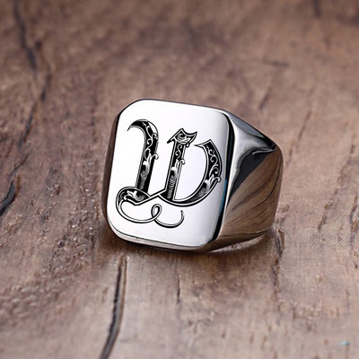 Inel cu sigiliu cu inițiale retro Vnox pentru bărbați, 18 mm, ștampilă grea, bandă masculină, litere din oțel inoxidabil, bijuterii personalizate, cadou pentru el
