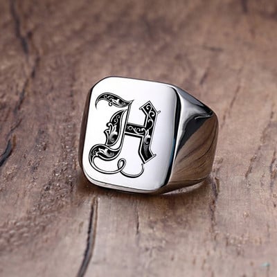 Inel cu sigiliu cu inițiale retro Vnox pentru bărbați, 18 mm, ștampilă grea, bandă masculină, litere din oțel inoxidabil, bijuterii personalizate, cadou pentru el
