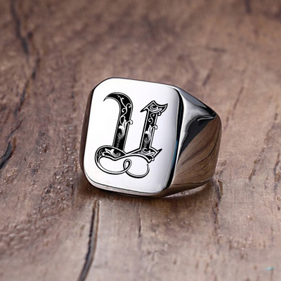 Inel cu sigiliu cu inițiale retro Vnox pentru bărbați, 18 mm, ștampilă grea, bandă masculină, litere din oțel inoxidabil, bijuterii personalizate, cadou pentru el