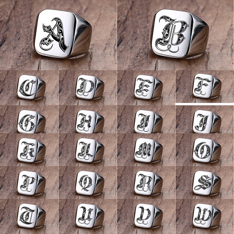 Inel cu sigiliu cu inițiale retro Vnox pentru bărbați, 18 mm, ștampilă grea, bandă masculină, litere din oțel inoxidabil, bijuterii personalizate, cadou pentru el