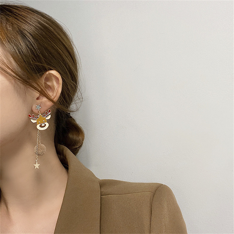 Slatke božićne viseće naušnice s mašnom od losa za žene Asimetrične zvjezdaste loptice u kosi Duge naušnice s resicama Novogodišnji darovi Modni nakit
