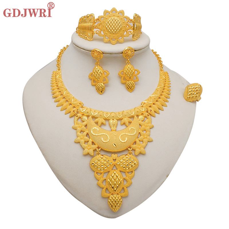 Set de bijuterii de culoare aurie Dubai pentru femei Cercei și colier indieni Nigeria Accesorii de mireasă marocane Brățară de nuntă pentru petrecere