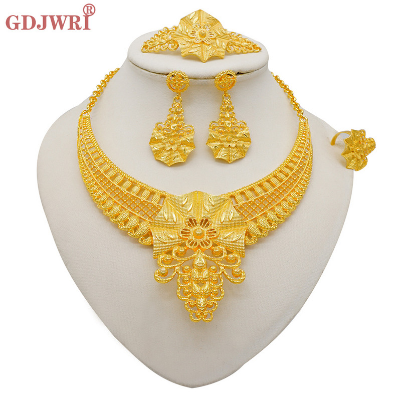 Set de bijuterii de culoare aurie Dubai pentru femei Cercei și colier indieni Nigeria Accesorii de mireasă marocane Brățară de nuntă pentru petrecere