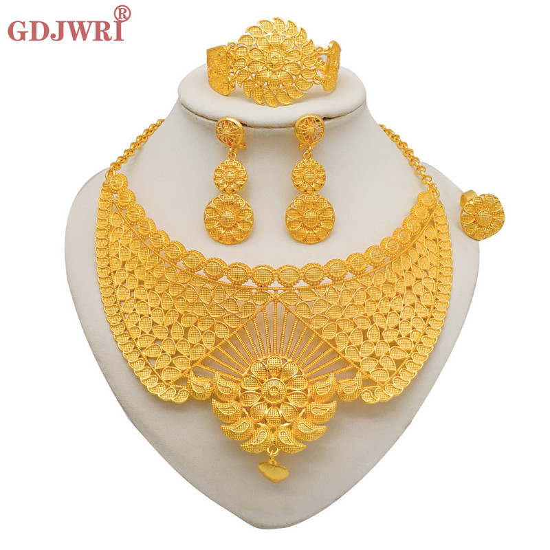 Set de bijuterii de culoare aurie Dubai pentru femei Cercei și colier indieni Nigeria Accesorii de mireasă marocane Brățară de nuntă pentru petrecere
