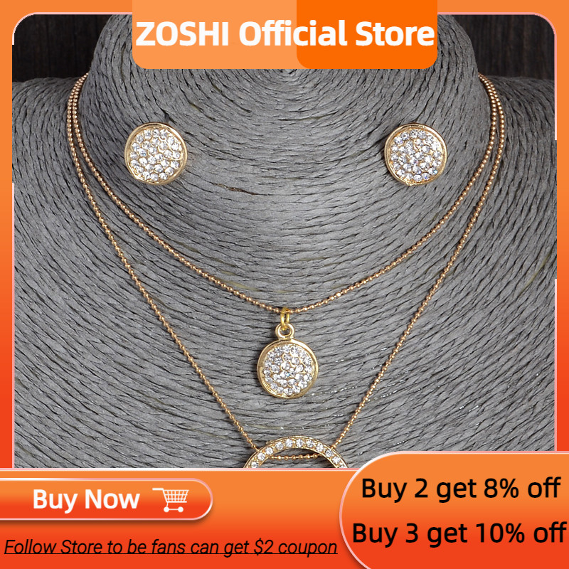 ZOSHI Set de bijuterii din cristal austriac de culoare aurie pentru femei, clasic, rotund, colier, cercei, set de bijuterii pentru nunta