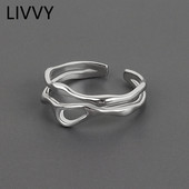 LIVVY Inel geometric de culoare argintie neregulat gol dublu inel pentru femeie, design unic, bijuterii reglabile la moda