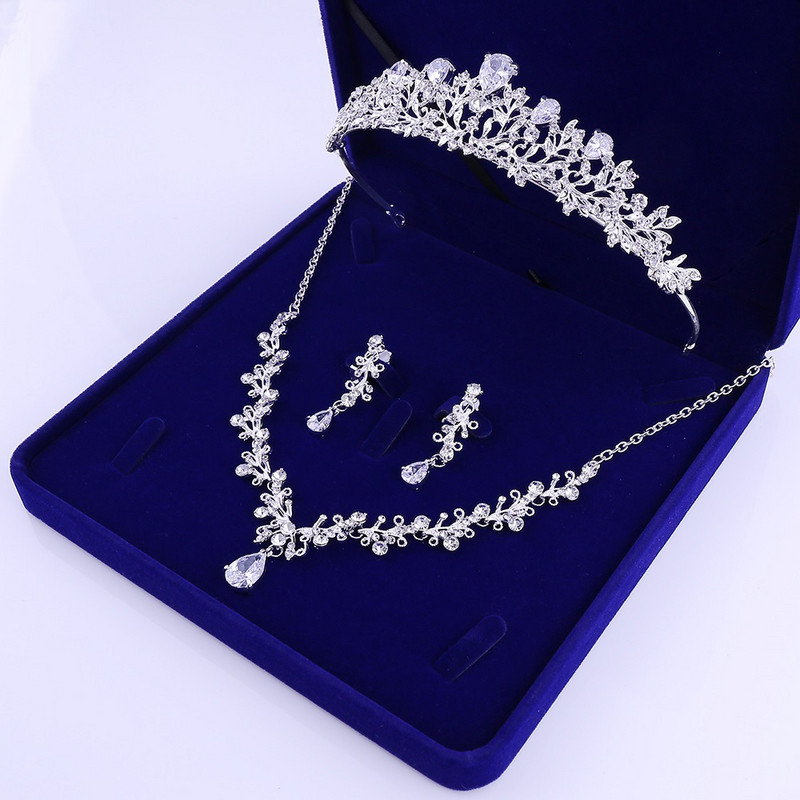 Πολυτελή Noble Crystal Leaf Νυφικά Σετ κοσμήματα Rhinestone Crown Tiaras Σκουλαρίκια κολιέ Σετ για Bride African Beads Σετ κοσμημάτων