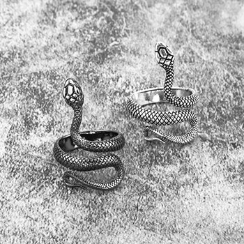 Ретро пънк пръстен със змия за мъже, жени, преувеличен античен сребрист цвят, модна личност, стереоскопични отварящи се регулируеми пръстени