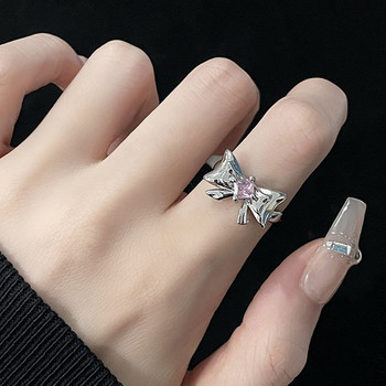 Ροζ κρύσταλλο ακανόνιστο δαχτυλίδι καρδιάς για γυναίκες Creative Blue Opal Heart Open Ring Shiny Geometric Zircon Ring Vintage Y2K Jewely