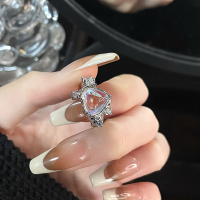 Rózsaszín kristály szabálytalan szív gyűrű nőknek Kreatív kék opál szív nyitott gyűrű fényes geometrikus cirkon gyűrű vintage Y2K ékszer