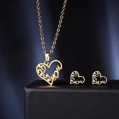 Комплект бижута Rinhoo за Деня на майката Подарък от неръждаема стомана Mama Love Heart Rose Flower Висулка Колие Обеци Подарък за Деня на благодарността на мама