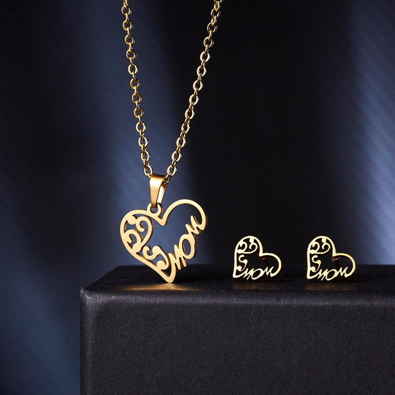 Комплект бижута Rinhoo за Деня на майката Подарък от неръждаема стомана Mama Love Heart Rose Flower Висулка Колие Обеци Подарък за Деня на благодарността на мама