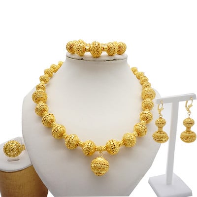 Seturi de colier pentru femei Dubai Set de bijuterii de culoare aurie africană, cercei de mireasă, inele, set de bijuterii de nuntă nigeriană indiană, cadou