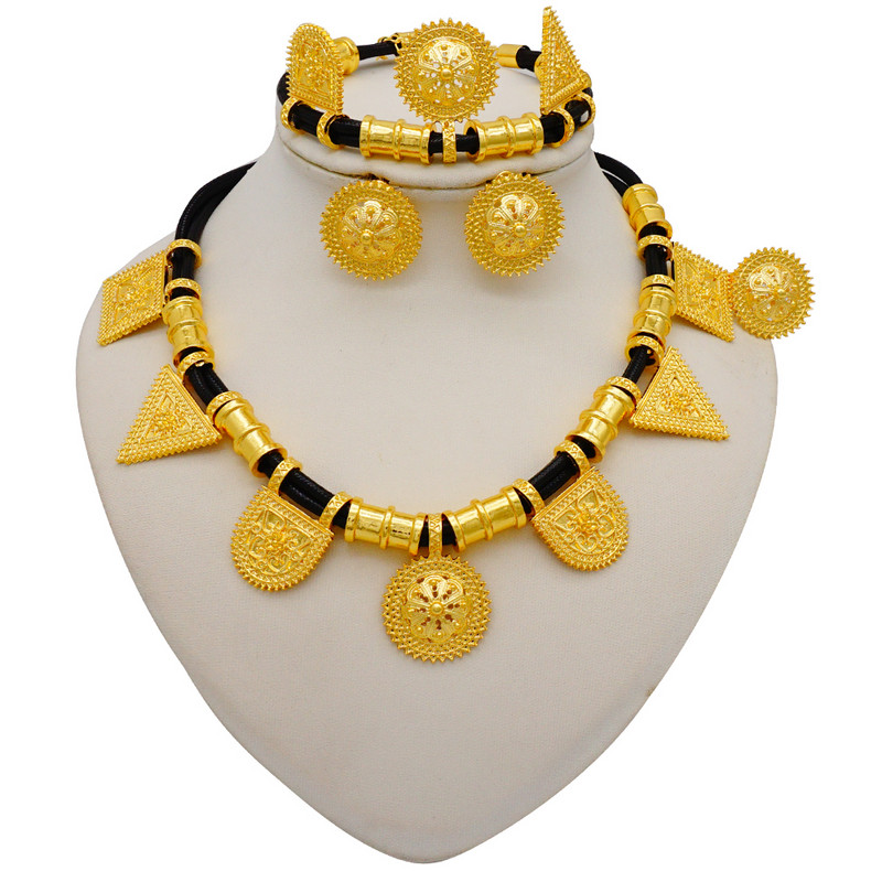Seturi de colier pentru femei Dubai Set de bijuterii de culoare aurie africană, cercei de mireasă, inele, set de bijuterii de nuntă nigeriană indiană, cadou