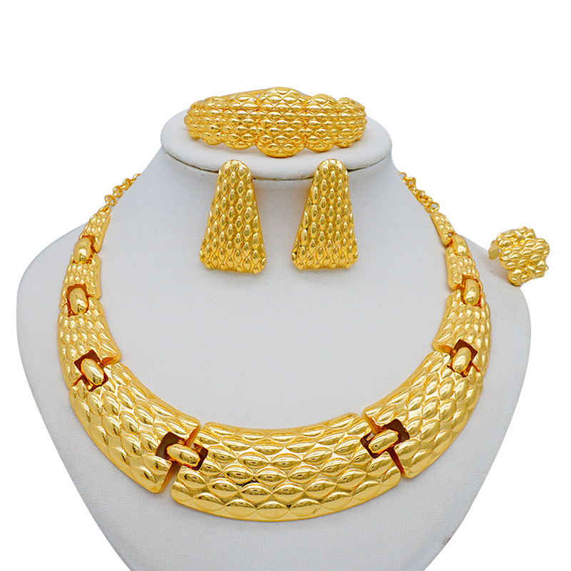 Seturi de colier pentru femei Dubai Set de bijuterii de culoare aurie africană, cercei de mireasă, inele, set de bijuterii de nuntă nigeriană indiană, cadou