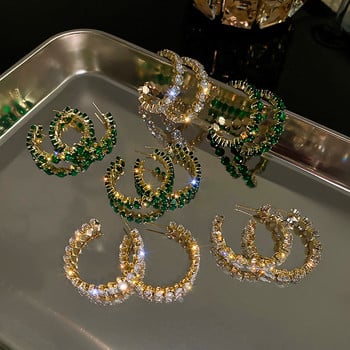 Блестящи луксозни висококачествени инкрустирани обеци с халки Кръгли зелени обеци с кристали от циркон за жени Годежно парти Бижута Подаръци