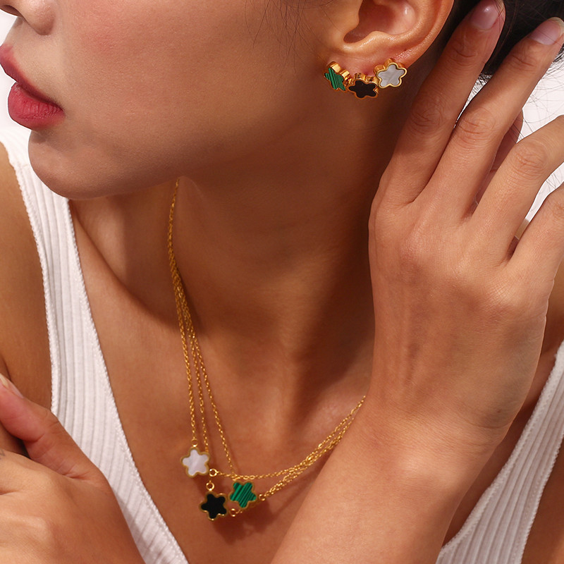 2022 új rozsdamentes acél kis aranyos akril héj zöld fekete fehér szerencsés virág fülbevaló medál nyaklánc ékszer készlet