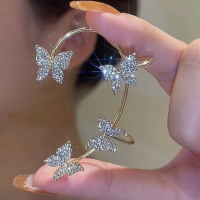 Cercei cu clemă fluture cu frunze placate cu argint pentru femei Agrafe pentru urechi fără piercing Manșetă pentru urechi din zirconiu strălucitor, bijuterii de modă 2022