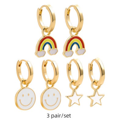 Set de cercei huggie cu piercing rotund multicolor Boho pentru femei, fete, drăguț, inimă, stea, zâmbet, bijuterii cercei cu pandantiv