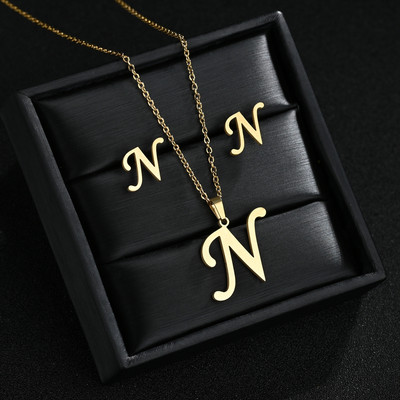 AZ Inicijali od nehrđajućeg čelika Ogrlica i naušnice Kompleti nakita Abeceda Privjesak Lanac Slovo Pribor Pokloni