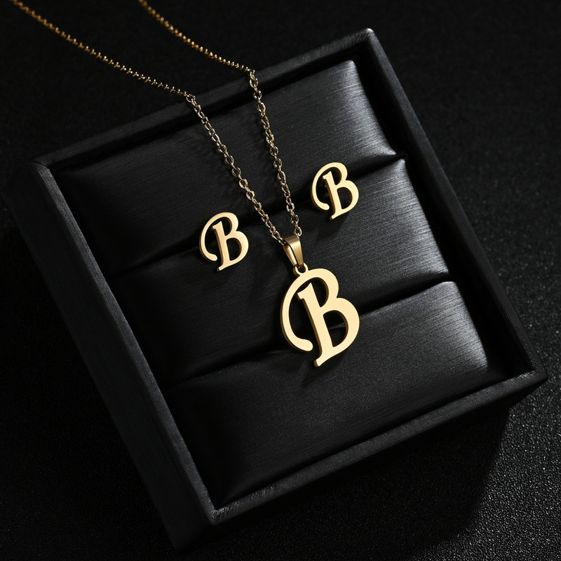 AZ Inicijali od nehrđajućeg čelika Ogrlica i naušnice Kompleti nakita Abeceda Privjesak Lanac Slovo Pribor Pokloni