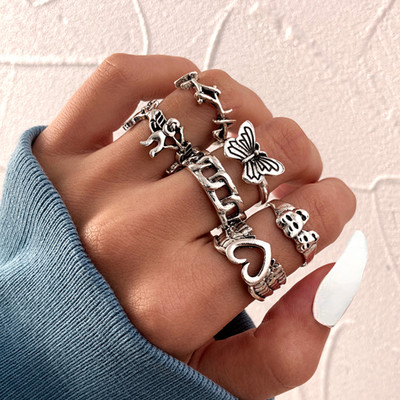 Set de inele inimii punk gotice pentru femei Zaruri negre Vintage Spades As placat cu argint Retro cu strass Charm Biliard Bijuterii pentru degete