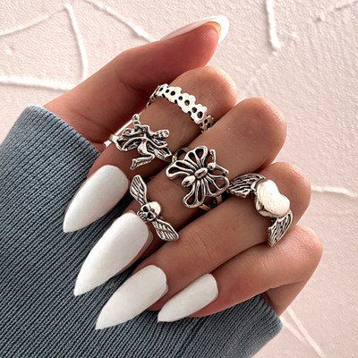 Set de inele inimii punk gotice pentru femei Zaruri negre Vintage Spades As placat cu argint Retro cu strass Charm Biliard Bijuterii pentru degete