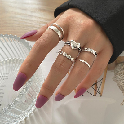 Set de inele inimii punk gotice pentru femei Zaruri negre Vintage Spades As placat cu argint Retro cu strass Charm Biliard Bijuterii pentru degete