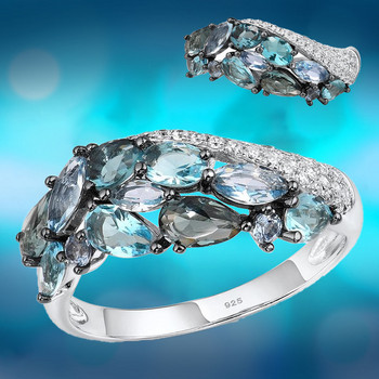 Луксозен дизайнерски комплект бижута с аквамарин и кристали Сватбен годежен пръстен Комплект обеци Подарък за Свети Валентин Бижута Joyas Para Damas