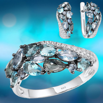 Луксозен дизайнерски комплект бижута с аквамарин и кристали Сватбен годежен пръстен Комплект обеци Подарък за Свети Валентин Бижута Joyas Para Damas