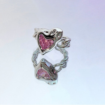 Ανώμαλα δαχτυλίδια καρδιάς με ακανόνιστα ροζ κρύσταλλο Creative Y2K Μπλε Opal Δαχτυλίδι Ζευγάρι Σπασμένη Καρδιά Grunge Μωβ ροζ Ζιργκόν Ανοιχτοί Δαχτυλίδια
