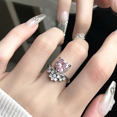 Szabálytalan rózsaszín kristály szívgyűrűk kreatív Y2K kék opál összetört szív pár gyűrűk grunge lila rózsaszín cirkon nyitott gyűrűk ékszerek