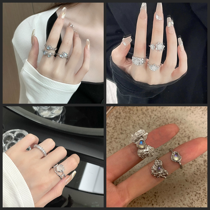 Szabálytalan rózsaszín kristály szívgyűrűk kreatív Y2K kék opál összetört szív pár gyűrűk grunge lila rózsaszín cirkon nyitott gyűrűk ékszerek