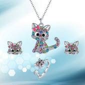 Set de bijuterii pentru pisici de cristal de modă, drăguț, animale curcubeu, pisică, roz, albastru, inele, colier pentru femei, fete, accesorii de bijuterii