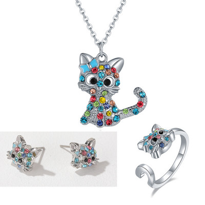 Set de bijuterii pentru pisici de cristal de modă, drăguț, animale curcubeu, pisică, roz, albastru, inele, colier pentru femei, fete, accesorii de bijuterii