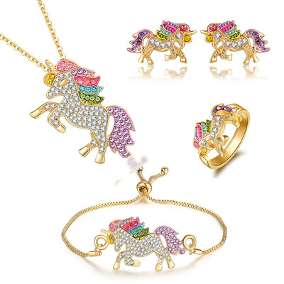 Set de bijuterii pentru pisici de cristal de modă, drăguț, animale curcubeu, pisică, roz, albastru, inele, colier pentru femei, fete, accesorii de bijuterii